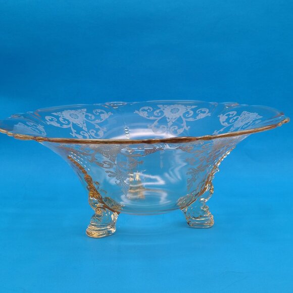 Vintage Heisey Etched Glass Sahara Yellow Empress Dolphin Three Footed Bowl 11" - Picture 3 of 11